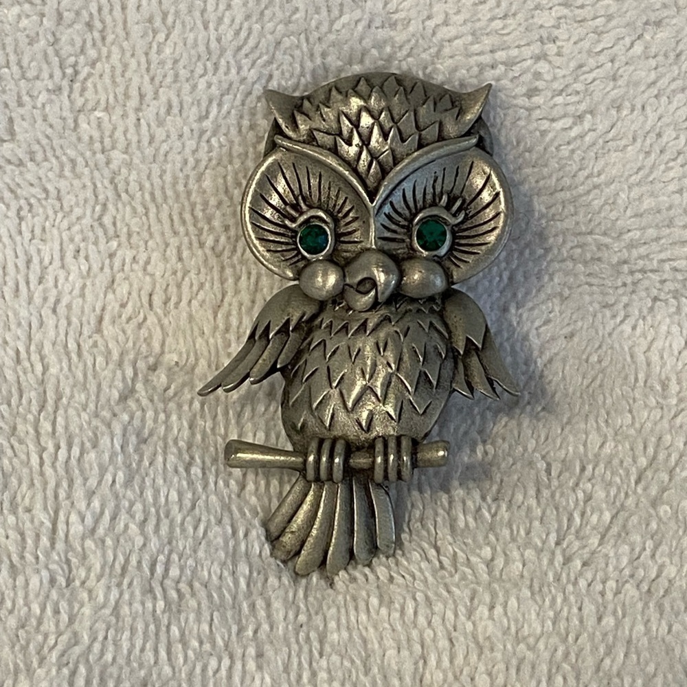 Vintage Pewter JJ Owl Brooch Pin Green Eye Rhinestones